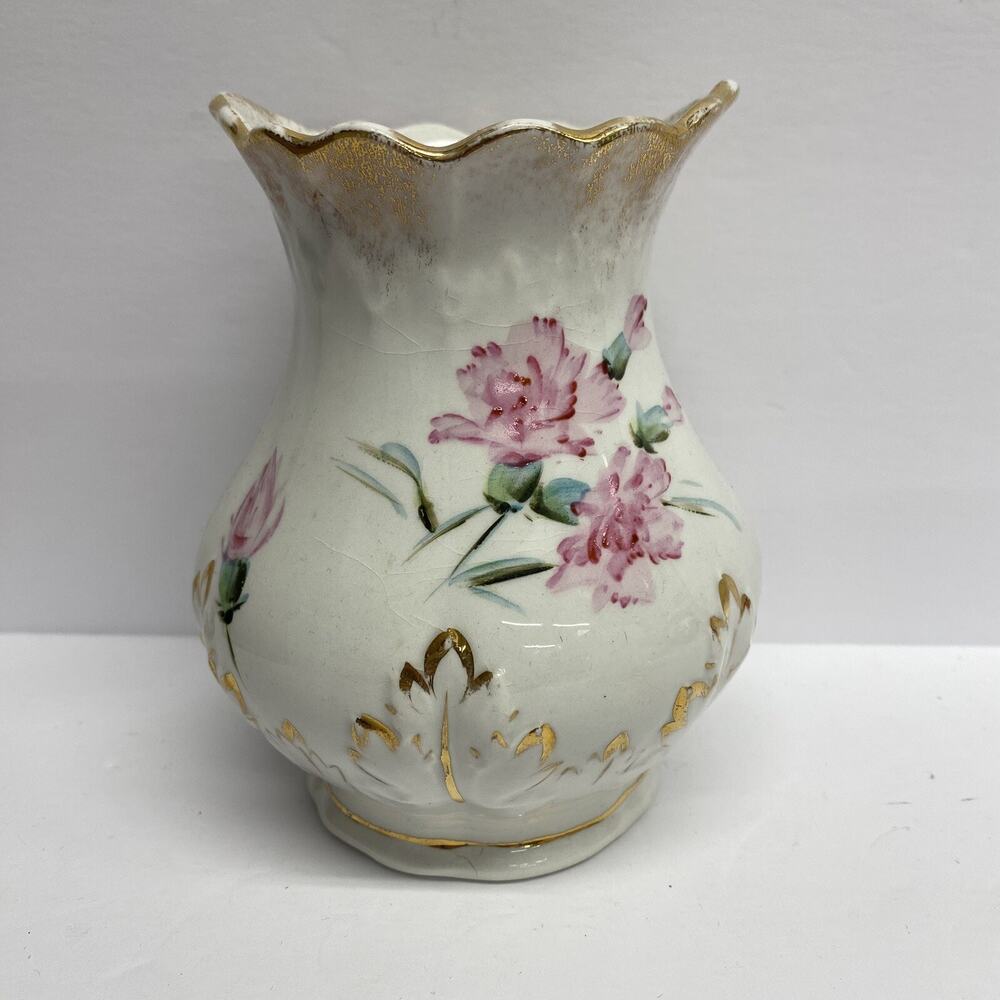 Vtg Mercer Vase Porcelain Semi-Vitreous Gold Trim Floral Hand Painted Flowers